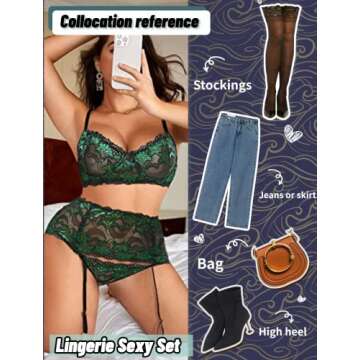 Avidlove Women Sexy Lingerie Set with Garter Bra and Panty Lace Underwire Lingerie Sets(Green,L)