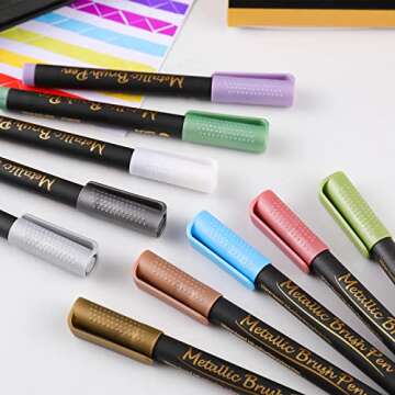 Sunshilor Metallic Marker Pens Brush Tip Metallic Brush Pens for Black Paper, Calligraphy, Lettering, Rock Painting, Halloween Pumpkin, Easter Egg, Ceramic, Wine Glass, Scrapbook Crafts, 10 Colors