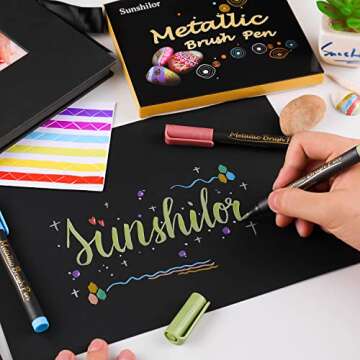 Sunshilor Metallic Marker Pens Brush Tip Metallic Brush Pens for Black Paper, Calligraphy, Lettering, Rock Painting, Halloween Pumpkin, Easter Egg, Ceramic, Wine Glass, Scrapbook Crafts, 10 Colors