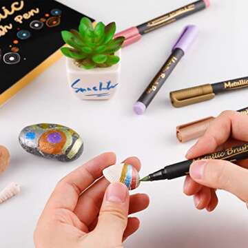 Sunshilor Metallic Marker Pens Brush Tip Metallic Brush Pens for Black Paper, Calligraphy, Lettering, Rock Painting, Halloween Pumpkin, Easter Egg, Ceramic, Wine Glass, Scrapbook Crafts, 10 Colors