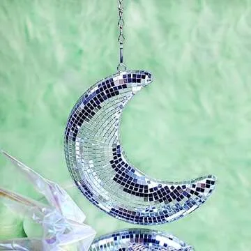 RGZOCT Disco Ball Moon Hanging Disco Ball 8 inch Silver Stage Mirror Balls Funky Home Decor for Party,Room,Courtyard,Christmas,Retro Mirror Ball Handmade Gift