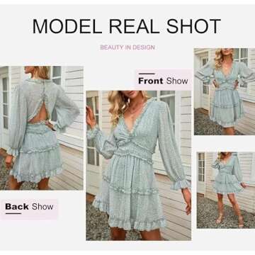 Dokotoo Womens Casual Female Summer Deep V Neckline Long Sleeve Leopard Print Mini Dress Boho Fashion Skater A Line Ruffle Hem Pleated Dresses Green Large