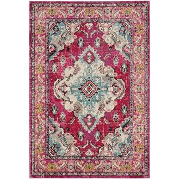 SAFAVIEH Monaco Collection Area Rug - 5'1" x 7'7", Pink & Multi, Boho Chic Medallion Distressed Design, Non-Shedding & Easy Care, Ideal for High Traffic Areas in Living Room, Bedroom (MNC243D)