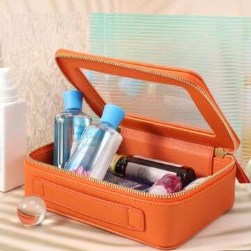 SANHECUN Toiletry bag waterproof cosmetic organizer with with handle large opening for travelling car organizers (Orange)