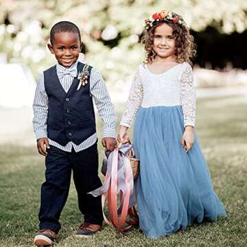 2Bunnies Girl Peony Lace Back A-Line Straight Tutu Tulle Party Flower Girl Dress (Dusty Blue Sleeve ...