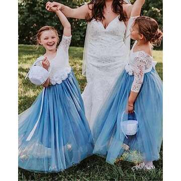 2Bunnies Girl Peony Lace Back A-Line Straight Tutu Tulle Party Flower Girl Dress (Dusty Blue Sleeve Maxi, 4T)