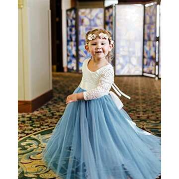 2Bunnies Girl Peony Lace Back A-Line Straight Tutu Tulle Party Flower Girl Dress (Dusty Blue Sleeve Maxi, 4T)