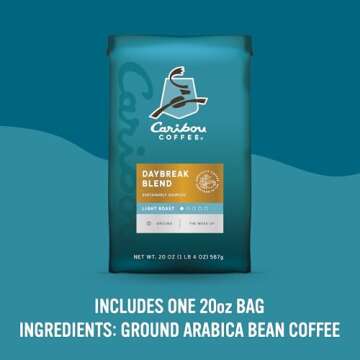 Caribou Coffee, Light Roast Ground Coffee - Daybreak Morning Blend 20 Ounce Bag - Packaging May Vary