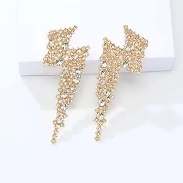 KELMALL Crystal Lightning Bolt Dangle Earrings for Women - Flash Statement Earrings, Trendy Sparkly Drop Jewelry