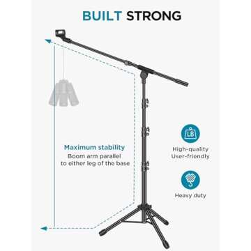 InnoGear Microphone Stand, Tripod Boom Arm Floor Mic Stand Height Adjustable Heavy Duty with Carrying Bag 2 Mic Clips 3/8" to 5/8" Adapter for Singing Podcast for Blue Yeti Shure SM58 SM48 Samson Q2U