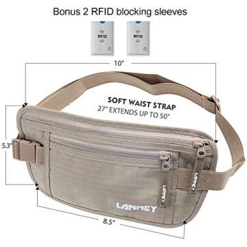 Money Belt for Travel, Slim RFID Blocking Women and Men Hidden Travel Pouch Under Clothes, Passport Holder Protect Cash, Documents, Credit Card, Bonus 2 RFID Sleeves