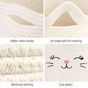 LotFancy Cat Toy Organizer, Cotton Rope Animal Basket with Handle, Cat Toys Storage Bin for Pets, Cute Woven Containers Holder for Playing Room, Kids Bedroom, 15.7x13''(H)
