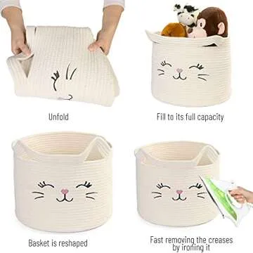 LotFancy Cat Toy Organizer, Cotton Rope Animal Basket with Handle, Cat Toys Storage Bin for Pets, Cute Woven Containers Holder for Playing Room, Kids Bedroom, 15.7x13''(H)