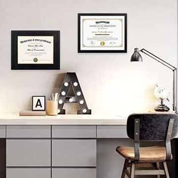 upsimples 11x14 Diploma Frame Certificate Degree Document Frame with High Definition Glass, 8.5 x 11 with Mat for Wall and Tabletop, Black, 2 Pack