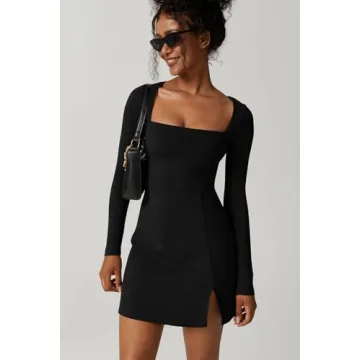 QINSEN Elegant Black Mini Dress Long Sleeve Flare Fit