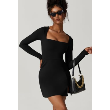 QINSEN Elegant Black Mini Dress Long Sleeve Flare Fit