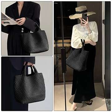 Woven bag for women,Fashion woven tote bag for women,Large vegan soft leather beach travel bag & purse,handmade shoulder bag (Black)