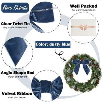 AIMUDI Dusty Blue Velvet Bows - 4.5" Blue Christmas Bows for Tree, Wreaths, Gift Wrapping & Wedding Decor - 12 PCs