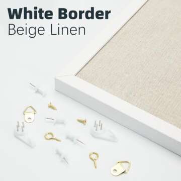 OWLKELA 24'' x 36'' Linen Bulletin Board, White Framed Corkboard, White Oak Frame Linen Cork Board, Vision Board and Decorative Hanging Pin Board