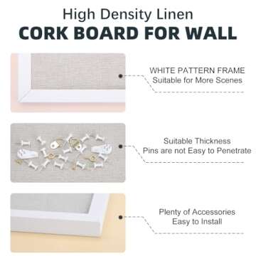 OWLKELA 24'' x 36'' Linen Bulletin Board, White Framed Corkboard, White Oak Frame Linen Cork Board, Vision Board and Decorative Hanging Pin Board