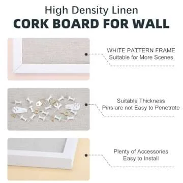 OWLKELA 24'' x 36'' Linen Bulletin Board, White Framed Corkboard, White Oak Frame Linen Cork Board, Vision Board and Decorative Hanging Pin Board
