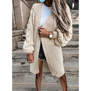Dokotoo Womens Solid Ladies Long Cardigan Sweaters for Women Long Sleeve Open Front Chunky Cable Knit Outwear Winter Fall Soft Warm Loose Fit Casual Coats Brown Large
