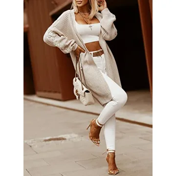 Dokotoo Womens Solid Ladies Long Cardigan Sweaters for Women Long Sleeve Open Front Chunky Cable Knit Outwear Winter Fall Soft Warm Loose Fit Casual Coats Brown Large