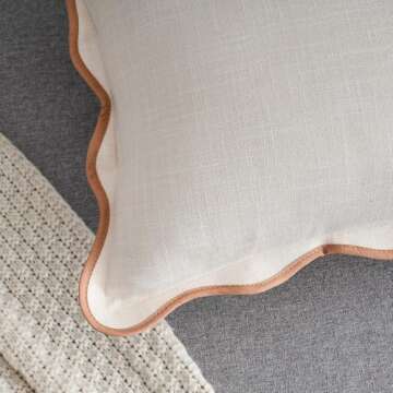 Zkanac Scalloped Throw Pillow Covers 12x20 Inch Set of 2, Soft Cotton & Cozy Linen, Boho Sytle Decorative Couch Bed for Living Room (Beige Pillow & Brown Edge)