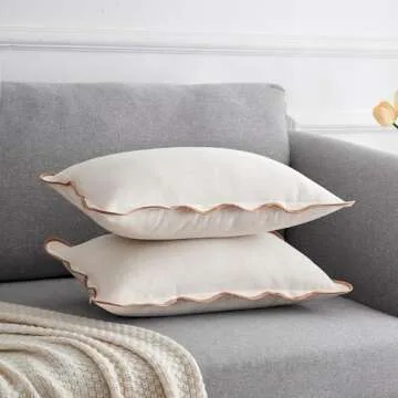 Zkanac Scalloped Throw Pillow Covers 12x20 Inch Set of 2, Soft Cotton & Cozy Linen, Boho Sytle Decorative Couch Bed for Living Room (Beige Pillow & Brown Edge)