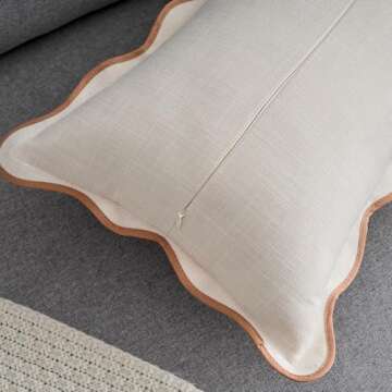 Zkanac Scalloped Throw Pillow Covers 12x20 Inch Set of 2, Soft Cotton & Cozy Linen, Boho Sytle Decorative Couch Bed for Living Room (Beige Pillow & Brown Edge)