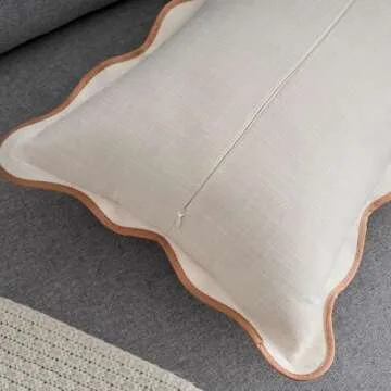 Zkanac Scalloped Throw Pillow Covers 12x20 Inch Set of 2, Soft Cotton & Cozy Linen, Boho Sytle Decorative Couch Bed for Living Room (Beige Pillow & Brown Edge)