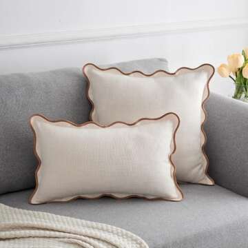 Zkanac Scalloped Throw Pillow Covers 12x20 Inch Set of 2, Soft Cotton & Cozy Linen, Boho Sytle Decorative Couch Bed for Living Room (Beige Pillow & Brown Edge)