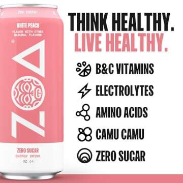 ZOA Zero Sugar Energy Drinks, White Peach - Sugar Free with Electrolytes, Healthy Vitamin C, Amino A...