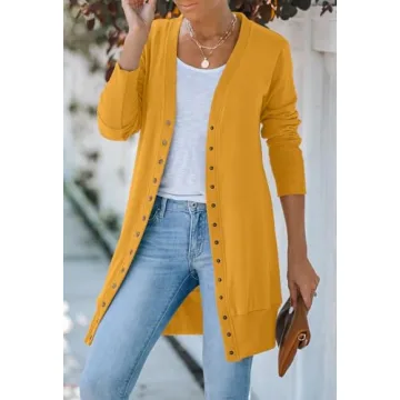 MEROKEETY Women's 2024 Fall Long Sleeve Snap Button Down Solid Color Knit Ribbed Neckline Cardigans Mustard