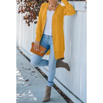 MEROKEETY Women's 2024 Fall Long Sleeve Snap Button Down Solid Color Knit Ribbed Neckline Cardigans Mustard