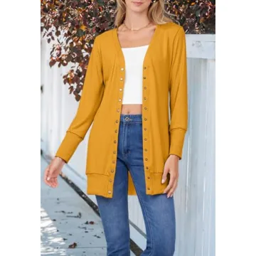 MEROKEETY Women's 2024 Fall Long Sleeve Snap Button Down Solid Color Knit Ribbed Neckline Cardigans Mustard