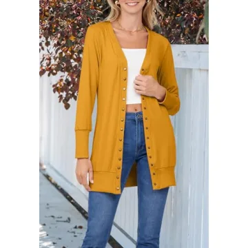 MEROKEETY Women's 2024 Fall Long Sleeve Snap Button Down Solid Color Knit Ribbed Neckline Cardigans Mustard