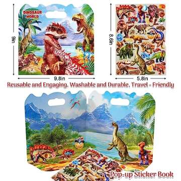 Reusable Dinosaur Sticker Book for Toddlers and Kids | Ages 2-4, 3-5 | Puffy Dino Stickers Activity Pad for Boys and Girls 1-3,4-8 | Quiet Busy Book | Road Trip Car Plane Travel Toys.