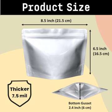 Chamigon 50 Pack 7.5 Mil Mylar Stand Up Bags - 8.5x6.5 Inches Resealable Smell Proof Bag withstand Hot Water - Foil Sealable Zipper Food Storage Pouch - Glossy Silver