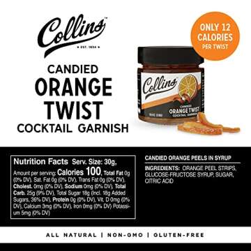 Collins Candied Fruit Orange Peel Twist in Syrup - Popular Cocktail Garnish for Skinny Margarita, Martini, Mojito, Old Fashioned Drinks, Peel for Baking, 10.9oz.