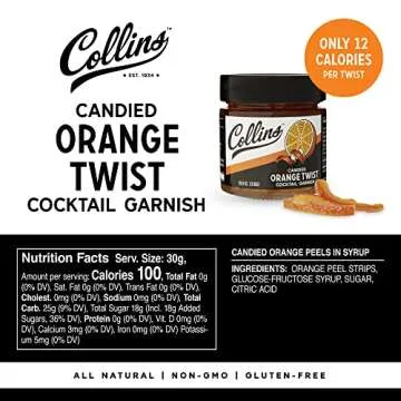 Collins Candied Fruit Orange Peel Twist in Syrup - Popular Cocktail Garnish for Skinny Margarita, Martini, Mojito, Old Fashioned Drinks, Peel for Baking, 10.9oz.