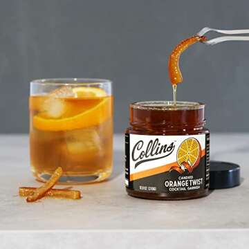 Collins Candied Fruit Orange Peel Twist in Syrup - Popular Cocktail Garnish for Skinny Margarita, Martini, Mojito, Old Fashioned Drinks, Peel for Baking, 10.9oz.