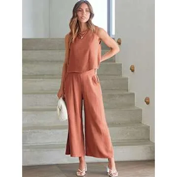 ANRABESS Women's Summer 2 Piece Outfits Sleeveless Crop Top Capri Wide Leg Pants Jumpsuit Casual Linen Lounge Matching Sets Beach Travel 2025 Trendy Clothes Rust XX-Large