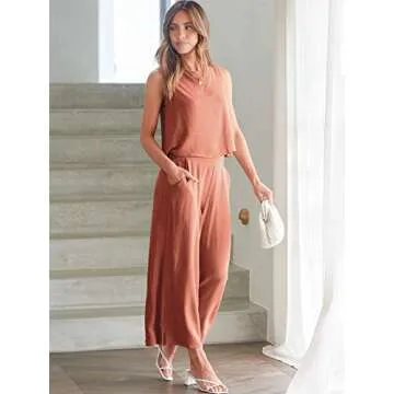 ANRABESS Women's Summer 2 Piece Outfits Sleeveless Crop Top Capri Wide Leg Pants Jumpsuit Casual Linen Lounge Matching Sets Beach Travel 2025 Trendy Clothes Rust XX-Large