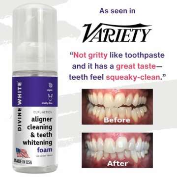 Divine White Dual-Action Stain Removal Aligner/retainer Cleaner and Teeth Whitening Foam- Hydrogen Peroxide-Good for Invisalign, ClearCorrect, SmileDirectClub, Candid -Oral Care-Toothpaste Replacement