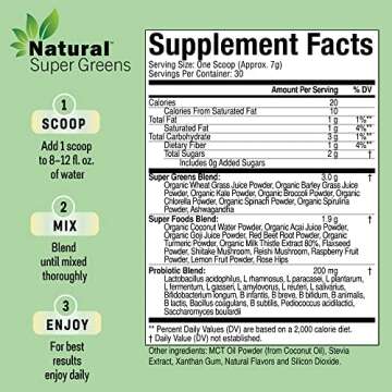 Natural Super Greens Powder Organic| Green Supplements| Great Tasting Fruits and Vegetables Juice & Smoothie Mix| Probiotics & Digestive Enzymes| Green Superfood Spirulina & Chlorella (Coconut)