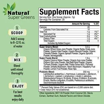 Natural Super Greens Powder Organic| Green Supplements| Great Tasting Fruits and Vegetables Juice & Smoothie Mix| Probiotics & Digestive Enzymes| Green Superfood Spirulina & Chlorella (Coconut)