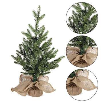 MorTime 24 Inch Mini Artificial Christmas Tree with 50 LED Lights, 2 ft Table Top Christmas Pine Tree 29 Tips with Burlap Wooden Base, Christmas Winter Home Decorations