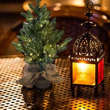 MorTime 24 Inch Mini Artificial Christmas Tree with 50 LED Lights, 2 ft Table Top Christmas Pine Tree 29 Tips with Burlap Wooden Base, Christmas Winter Home Decorations