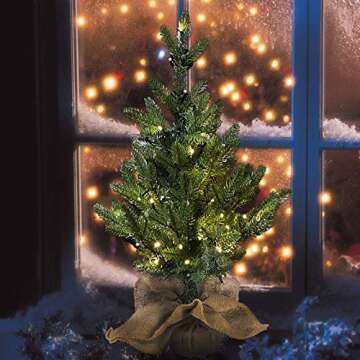 MorTime 24 Inch Mini Artificial Christmas Tree with 50 LED Lights, 2 ft Table Top Christmas Pine Tree 29 Tips with Burlap Wooden Base, Christmas Winter Home Decorations